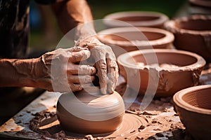 Close-up of hands making clay pots photo