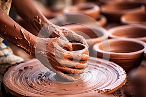 Close-up of hands making clay pots photo