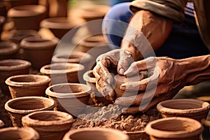 Close-up of hands making clay pots photo