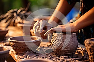 Close-up of hands making clay pots photo