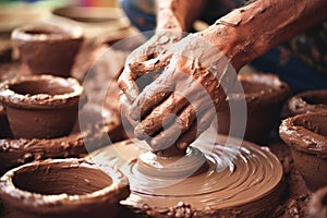 Close-up of hands making clay pots photo