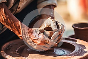 Close-up of hands making clay pots photo