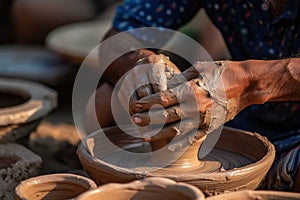 Close-up of hands making clay pots photo