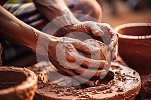 Close-up of hands making clay pots photo