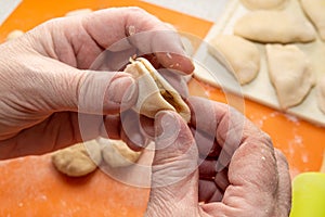 Close-up of hands making dumplings