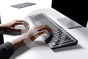 Close up hands of male programmer working on white computer