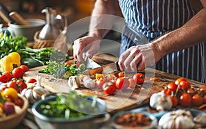 Close-up on the hands of a man cutting vegetables in the kitchen