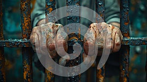 close-up of the hands of a man in prison. The man behind the prison bars. Panoramic banner.