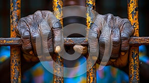 close-up of the hands of a man in prison. The man behind the prison bars. Panoramic banner.