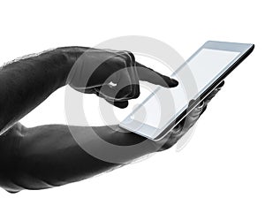 Close up hands man touchscreen digital tablet photo