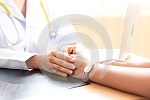 Close up hands Medical doctor woman and team held the hand and consoled