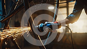 Close Up of Hands of a Metal Fabricator Wearing Safety Gloves and Grinding a Steel Tube Sculpture