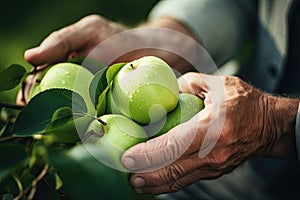 close up on hands picking ripe and fresh green apple fruits from a tree branch full of leaves and apples