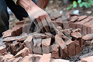 close-up of hands placing bricks for fire pit base