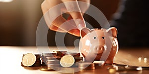 Close-up of hands placing coins into a piggy bank, representing savings , concept of Financial security, created with