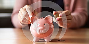 Close-up of hands placing coins into a piggy bank, representing savings , concept of Financial security, created with