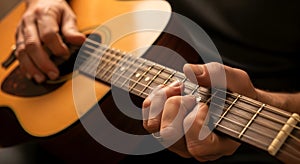 Close-up of hands playing an acoustic guitar, strumming strings and fretting notes