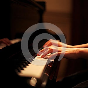 Close-up of hands playing a piano, fingers dancing across the keys, s photo