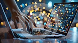 Close-up on Hands: Programmer With Disability Using Prosthetic Arm to Work on Laptop Computer.