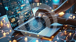 Close-up on Hands: Programmer With Disability Using Prosthetic Arm to Work on Laptop Computer.