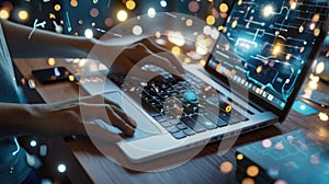 Close-up on Hands: Programmer With Disability Using Prosthetic Arm to Work on Laptop Computer.