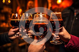 Close up of hands reaching out full beer glasses towards each other