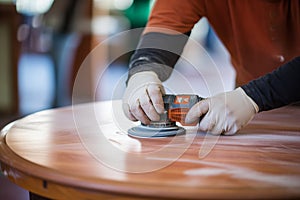 close-up of hands refinishing a hardwood table with a sander