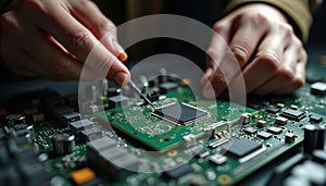 Close-up of hands repairing computer motherboard. Tech engineer repairs circuit board with microchip processor. Hardware
