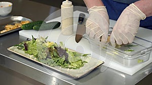 Close-up hands. The restaurant`s cook is making a vegetable salad. Cabbage, lettuce, sauce. Food design