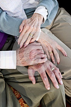 Close-up hands of senior couple resting on knees