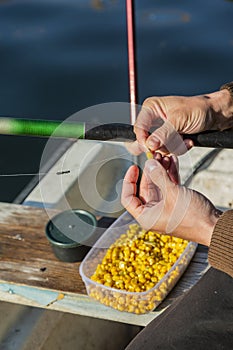 Close up of hands setting corn as bait on fishing hook. Man is holding fishing rod and line with sinkers. He is working on boat