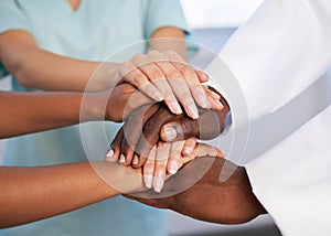 Close up of hands stacked, medical teamwork, healthcare team, doctors together