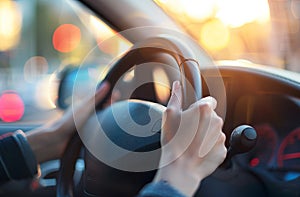 Close up of hands on steering wheel driving car, stock photo. A close up of hands on a steering wheel