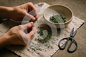 Close-up of hands stripping fresh thyme leaves,