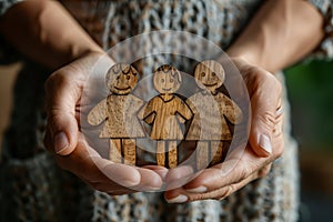 Close-up of hands tenderly holding carved wooden figures representing a family