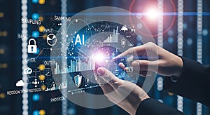 Hands interacting with futuristic digital interface of ai and data
