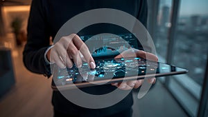 Person interacting with futuristic digital interface on tablet