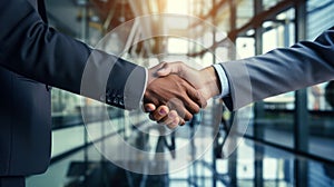 Close-up of the hands of two business people in suits shaking hands. Professional handshake with business partners