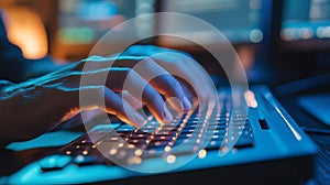 close up of hands typing on backlit keyboard for coding and programming