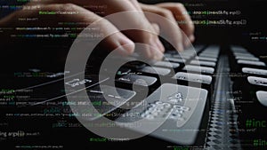 Close-up of Hands Typing Code on a Keyboard with Digital Elements and Binary Effects for Technology and Programming