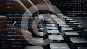 Close-up of Hands Typing Code on a Keyboard with Overlay of Programming Syntax and Digital Data, Showcasing Technology