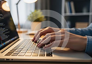 Close up of hands typing code on a laptop in a dimly lit room