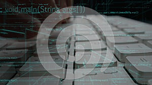 Close-up of Hands Typing on a Computer Keyboard with Code and Digital Elements for Programming and Technology Concepts