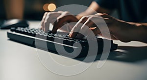 Close-up of hands typing on a computer keyboard in a dimly lit room