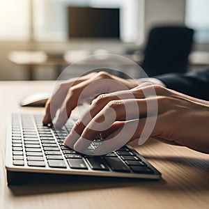 Close up of hands typing on a computer keyboard in office