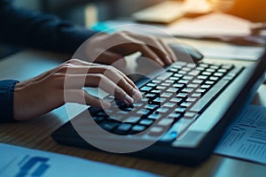 Close-up of Hands Typing on Computer Keyboard in an Office Workspace setting