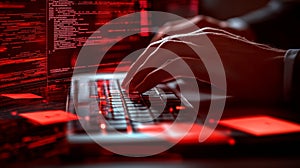 Hands Typing on Keyboard with Glowing Screen and Code Reflection