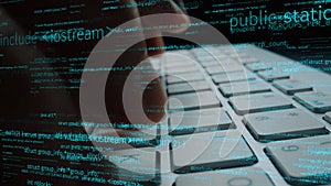 Close-up of Hands Typing on Keyboard with Code and Data in Background, Symbolizing Programming, Technology, and Digital