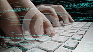 Close-up of Hands Typing on a Keyboard with Code and Digital Elements in the Background Representing Technology and