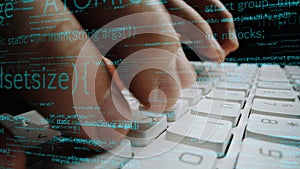 Close-Up of Hands Typing on Keyboard with Code Overlay Illustrating Software Development and Programming Concepts in